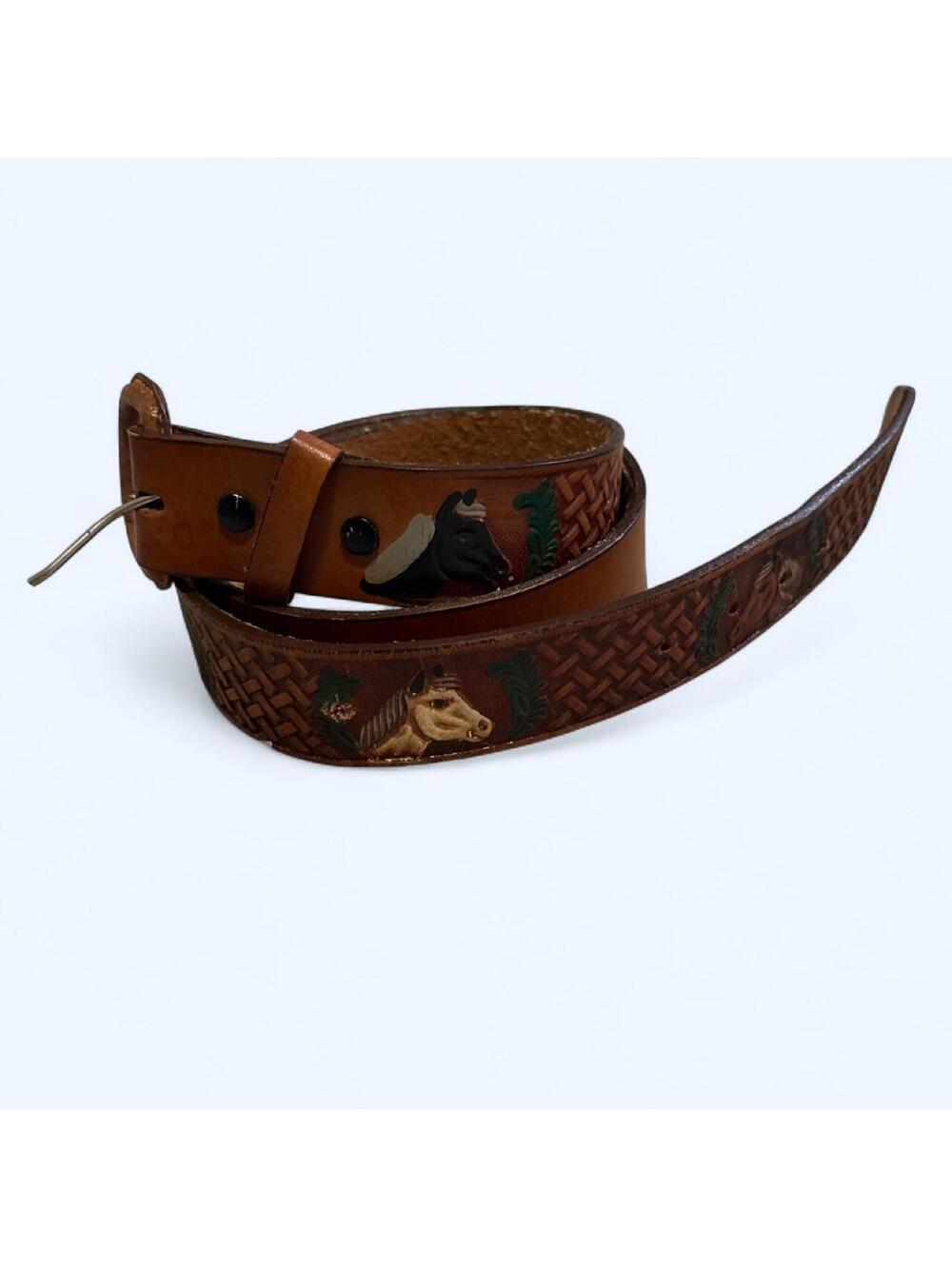 Ornate Leather Belt Horse Design Unique Western Boho